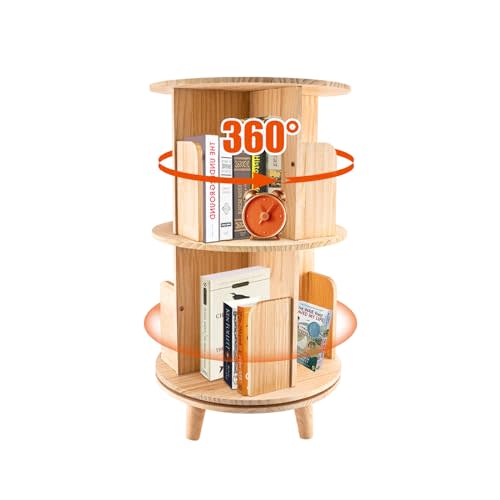 2 Tier Rotating Bookshelf - 360 Display Floor Standing Bookcase Storage Rack for Kids & Adults Spinning Bookshelf Tower Book Rack for Classroom Free Standing Wood Bookcases