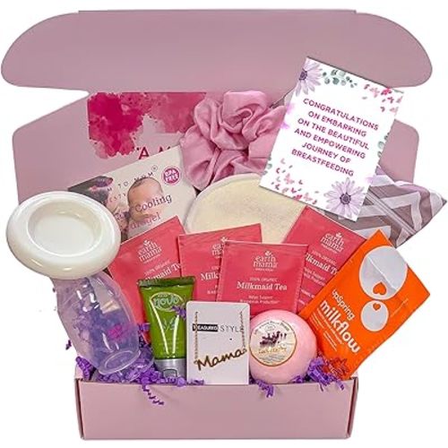 New Mom Postpartum Breastfeeding Essentials Kit for Nursing Mama, Lactation Tea, Silicone Breast Pump, Reusable Breast Pads, Pain Relief for Sore Cracked Nipples, Spa and Relaxation Basket Box Set