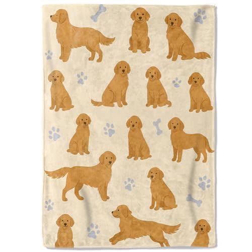 Golden Retriever Fleece Blanket,50x60in,Cute Cartoon Dog Bones Paw Print Cream Throw Blankets,Soft Cozy Lightweight, Ideal for Bed Living Room Home Pet Themed Decor,Kids Gifts