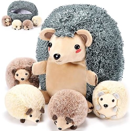 Aoriher 5 Pcs Hedgehog Stuffed Plush Toy Set 14 Inch Large Stuffed Animal 1 Mommy Hedgehog with 4 Cute Plush Baby in Her Tummy Soft Cuddly Plushie Set for Boys and Girls Birthday Gifts Party Favors