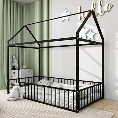 Bellemave Twin Size Montessori Floor Bed, Metal House Bed Frame, House Floor Bed for Kids, Montessori Floor Bed with Fence, Playhouse for Kids, Black