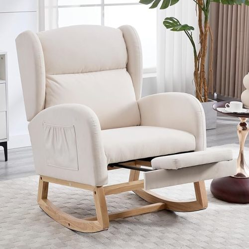NIOIIKIT Nursery Rocking Chair with Footrest, Linen Upholstered Glider Chair, Rocker Nursery Sofa with Side Pocket, Glider Rocker, Accent Reading Recliner for Living Room (Beige Linen)