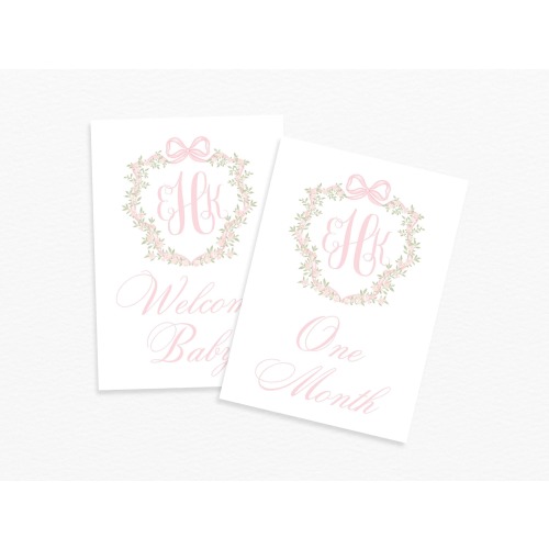 Monogram Crest Baby Milestone Cards, Dainty Pink Floral Crest Milestone Cards, Birth Details Card, Baby Shower Gift, Baby Girl Month Cards