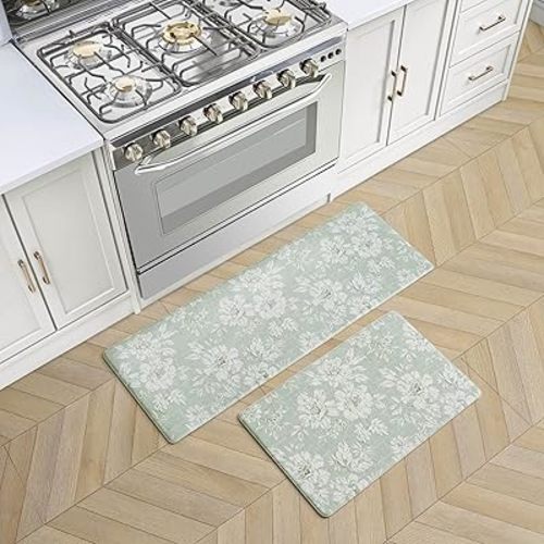 Laura Ashley - Anti-Fatigue Kitchen Mat, Iris Floral Design, Stain, Water & Fade Resistant, Cooking & Standing Relief, Non-Slip Backing, 2 Piece Set, Sage Green Iris