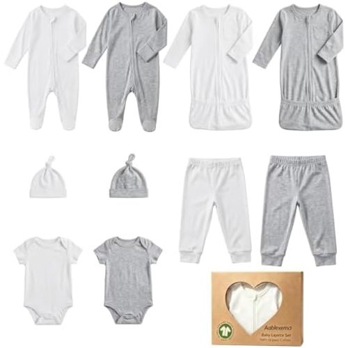 Aablexema Organic Cotton Baby Layette Set, 10pcs Newborn Essentials with Footed Pjs, Bodysuits, Pants, Hats, Nightgowns