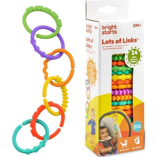 Bright Starts Lots of Links Rings Toys for Stroller or Carrier Seat, BPA-Free, Ages 0 Months Plus, Multicolor, 24 Count