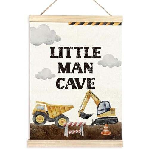 TAEDIN Little Man Cave Sign Poster Hanger Frame, Construction Truck Wall Decorations Wooden Canvas Print, Boys Gifts Hanging Sign for Toddler Kids Baby Room Boys Bedroom Playroom Decor 12X16