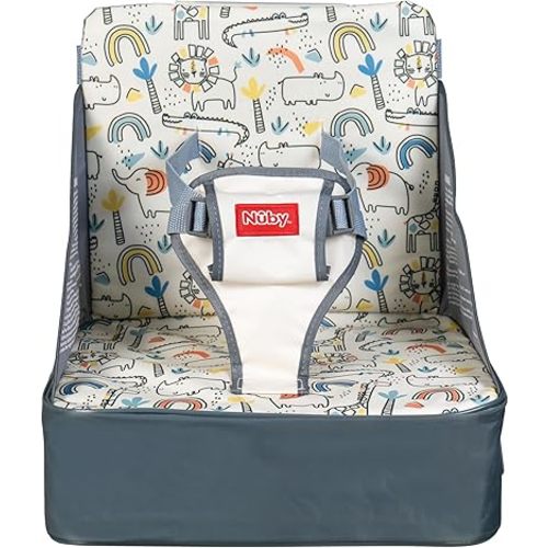 Nuby Easy Go Booster Seat - Travel Booster Seat for Babies and Toddlers with 3-Point Harness - 9+ Months - Beige Safari Print