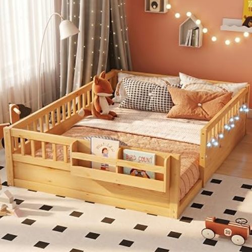 Full Toddler Floor Bed with High Rails, Wooden Montessori Bed Frame with Light and Storage Shelf, Full Size Bed Frame for Kids, Boys and Girls, Natural