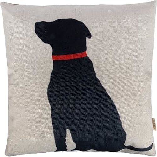 Cotton Linen Home Decorative Throw Pillow Case Cushion Cover for Sofa Couch Black Dog with Red Collar Lab Décor Dog Lover Decoration, 18" x 18"