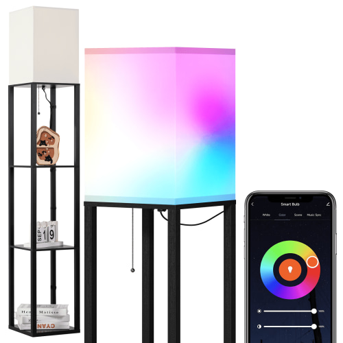 SUNMORY 63" Floor Lamp with Shelves, Smart APP Control Standing Lamps with RGB Bulb, 4-Tier Wood Dimmable Floor Lamps for Living Room, Tall Lamp for Bedroom, Office, Corner Display Bookshelf Lamp