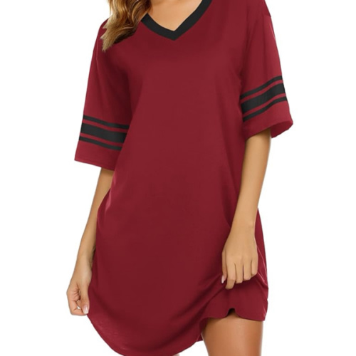 Ekouaer Womens Nightgown Cotton Sleepwear Short Sleeve Sleep Shirt V Neck Color Block Nightshirt