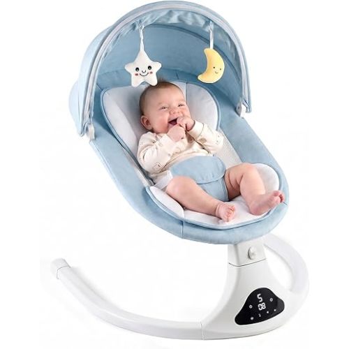 Electric Baby Swing with Remote Control - 5 Natural Motion Speeds, Detachable Seat Pad | Portable Infant Swing for Indoor/Outdoor Use (0-12M, 20lbs) (Blue)
