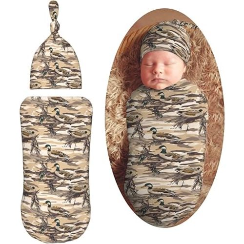 Duck Camouflage Newborn Swaddle Blankets Hat Sets Soft Baby Receiving Blanket Swaddle Sack for Baby Shower Infant Boy Girl Gift