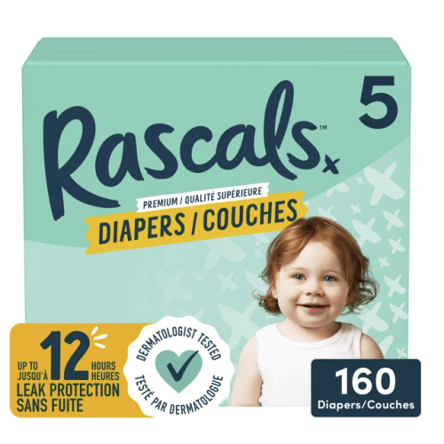 Size 5 - Rascals Premium Absorbent Baby Diapers, Mega Carton, 160 Count