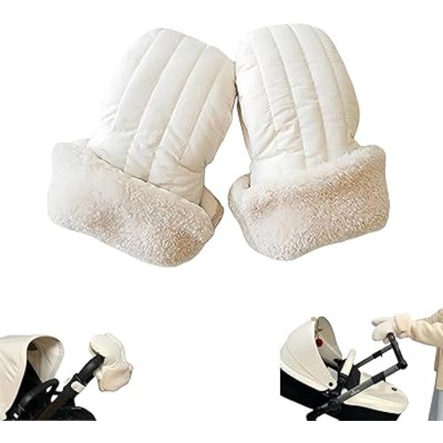Winter Baby Stroller Hand Muffs, Waterproof Windproof Warm Gloves with Lamb Wool Lining, 12x6 Inch Oversized Stroller Handle Warmers with Magic Tape (White)