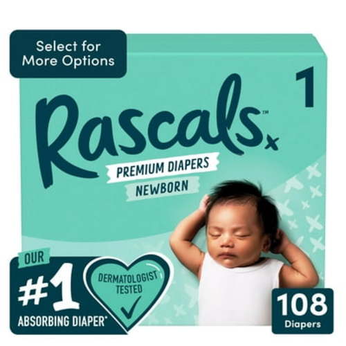 Rascal + Friends Premium Diapers Size 1, 108 Count Pack of 2 , Total 216 Count