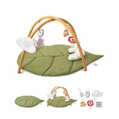 Baby Play Gym Mat 1 x 1 ft. Indoor Baby Activity Mat with 6 Sensory Toys, Oversize Leaf-Shaped Tummy Time Mat for Infant