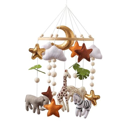 Baby Mobile for Crib – Handmade Hanging Felt Nursery Mobile – Fits Most Crib Arms – Gender-Neutral Safari Animals Nursery Decor & Baby Gift