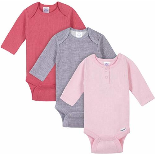 Gerber baby-girls 3-pack Long Sleeve Thermal Onesies Bodysuits - 0-3 Months - Pink/Grey