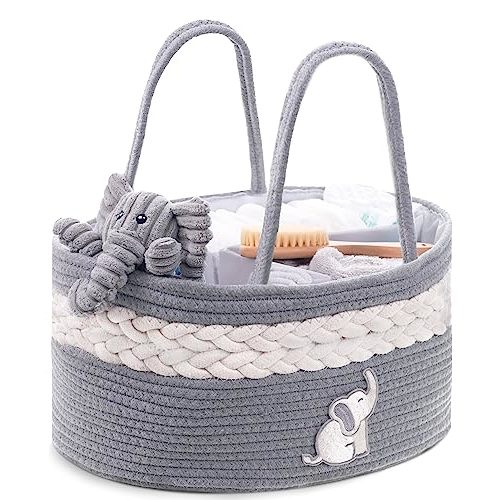 Cradle Star Diaper Caddy Organizer – Portable Baby Basket Diaper Storage Organizer with Compartments – Baby Diaper Caddy for Changing Table Nursery, Elephant Baby Shower Gifts - 100% Cotton Rope, Gray