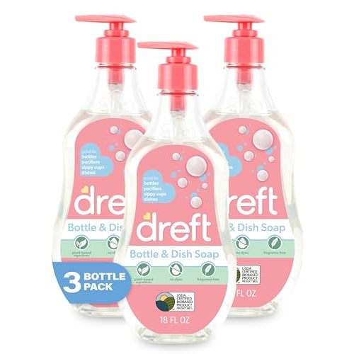 DREFT Bottle and Dish Soap | Made to Clean Baby Bottles, Sippy Cups, Pacifiers, Breast Pumps, & More | Gently Removes Milk Film & Odors | Plant Based, Fragrance Free Dish Soap | 18 Fl Oz (Pack of 3)
