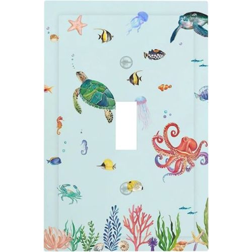 Light Switch Cover Cartoon Underwater Sea Animal Ocean Sea Turtle 1 Gang Wall Plate Cover Single Toggle Outlet Covers Decorative Switchplate Electrical Faceplate for Bathroom Nursery Decor