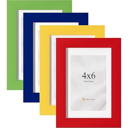 eletecpro 4x6 Picture Frames, Colorful Photo Frame Set of 4, Suits 3.5x5 Photos with Mat or 4x6 without Mat, Craft for Engineered Wood and Acrylic, Cute Picture Frame Home Wall & Tabletop Decor