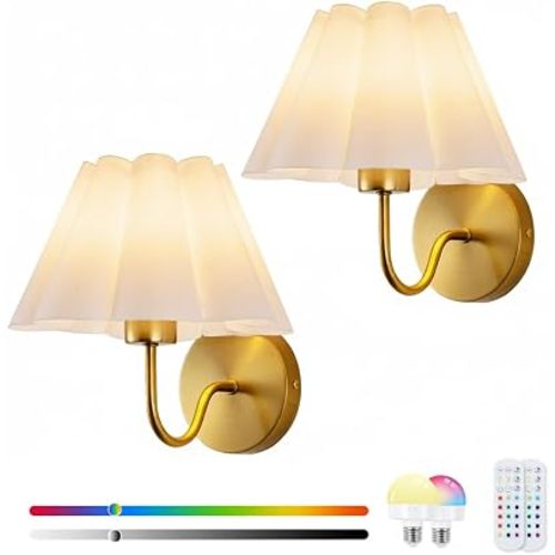 Battery Operated Wall Sconces Set of 2, Indoor Non-Hardwired White Fabric Lampshade Fixtures,Rechargeable Wireless 10-Color Wall Lights with Dimmable Remote Control