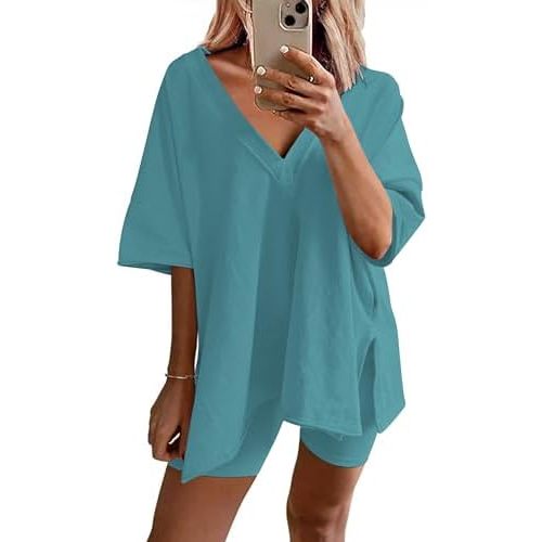 Ekouaer Womens Pajamas 2 Piece Lounge Sets Oversized V Neck T-Shirts Tops Biker Shorts Set Workout Reversible Tracksuit S-XXL