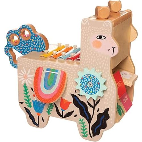 Manhattan Toy Musical Llama Wooden Instrument for Toddlers with Maraca, Clacking Saddlebags, Drumsticks, Washboard & Xylophone