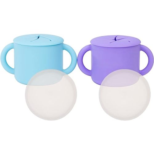 WeeSprout Snack Containers, Food Grade Silicone Cups, Spill-Proof Tops For Toddlers and Babies, Premium Hard Plastic Travel Lids, Dishwasher Safe, Set of 2 Snack Catchers