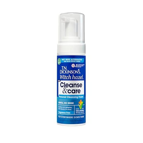 T.N. Dickinson's Witch Hazel Cleanse & Care Personal Cleansing Foam, Fragrance Free (5 Fl Oz) | Toilet Paper Foam | Instant Wet Wipe Alternative | Gentle, Septic-Safe Formula