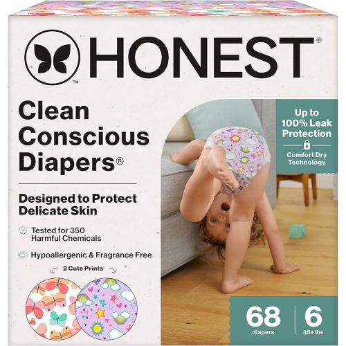 The Honest Company Clean Conscious Diapers for Sensitive Skin Up to 100% Leakproof Hypoallergenic Fragrance-Free Baby Girl Prints Super Club Box Size 6 (35 lbs) 68 Count (Prints