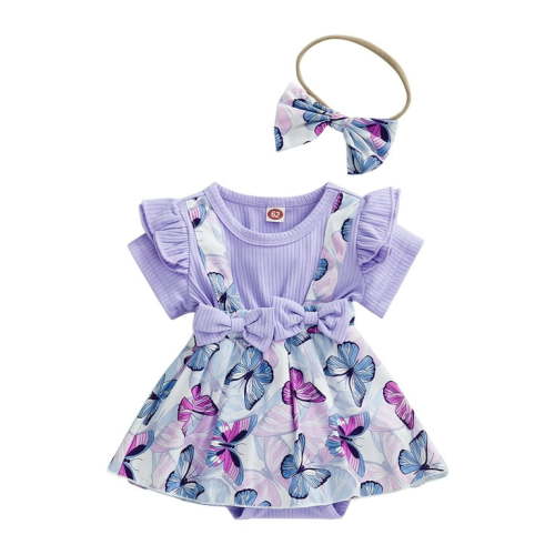 Qtinghua Newborn Baby Girls Summer Outfits Butterfly Ruffle Dress Suspender Romper Jumpsuit Headband Clothes Purple 9-12 Months
