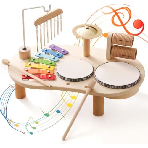 Wooden Drum Set for Toddlers 1-3, Musical Percussion Instruments for Kids Baby Drum Set Xylophone, Montessori Educational Musical Toys, Gifts for Girls Boys Ages 3+