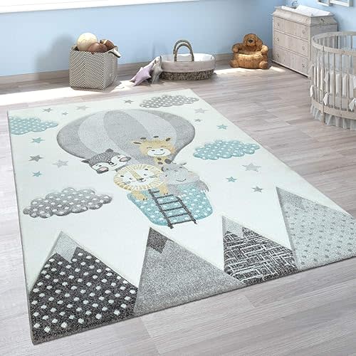 Kids Rug with Cute Animals on a Hot Air Balloon Ride in Pastel, Size: 5'3" x 7'7"