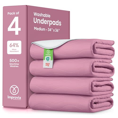 IMPROVIA® Washable Underpads, Heavy Absorbency Reusable Incontinence Pads for Kids, Adults, Elderly, and Pets, Waterproof Protection Floor (Pink and White, 34" x 36" - Pack of 4)