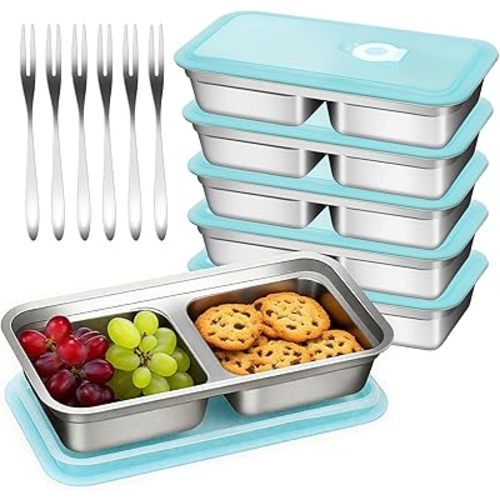 Stainless Steel Snack Containers with Lids, Reusable Bento Lunch Container Box, Food Storage, Leak Proof, Dishwasher-Safe, Grab and Go for Work, 6 Pack (Double Compartment)