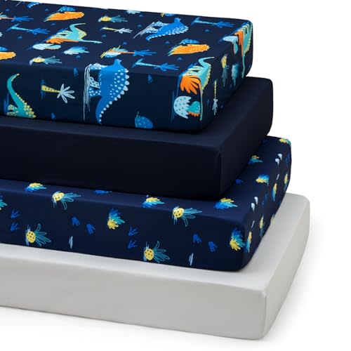 david's kids 4 Pack Fitted Crib Sheets, Ultra Soft Breathable Comfortable Baby Sheet Set for Boys Girls Neutral, 28x52 Inch Fits Standard Crib and Toddler Mattresses, Navy Dinosaur