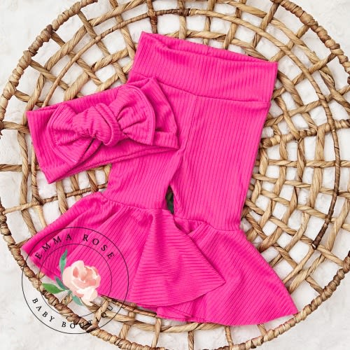 Baby girl hot pink bell bottoms, headband hair bow, flare pants, neon pink baby pants, retro hippie baby clothes newborn girl outfit gift