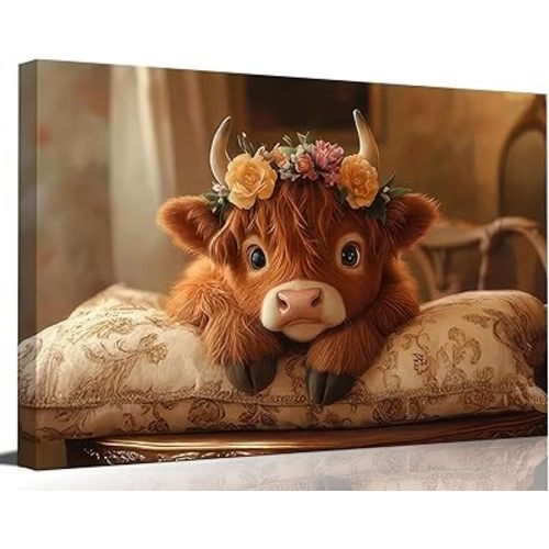 SSQ Cute Highland Cow Baby Canvas Wall Art Rustic Farmhouse anadem Print Wall Decor Picture Amiable Baby Calf Poster Home Decoration Aesthetics forAny Scene Such As Bedroom and Living nursery Room