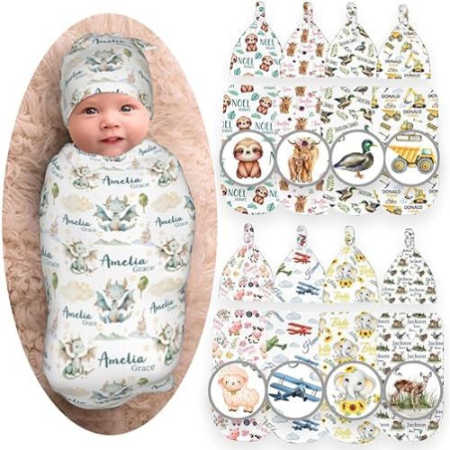 Custom Dragon Baby Swaddle Blanket & Hat Set-Personalized Dragon Swaddle Sack for 0-6 Months Baby-Newborn Infant Birth Shower Party Gifts