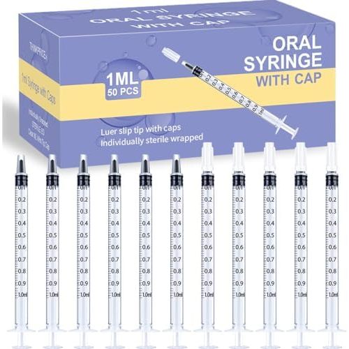 50 Pack 1ml Oral Syringe with Cap, No Needle Liquid Medicine Dropper