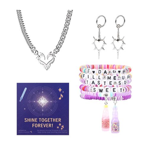 Demon Fashion Jewelry Hunters Gift Set – Demon Beaded Charm Bracelets with Bottle Pendant, Hunters Heart Chain Necklace & Star Hoop Earrings | Trendy Accessories & Creative Gift Idea