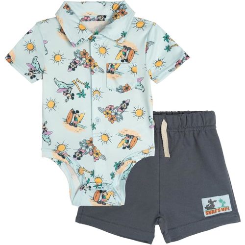 Disney Baby Hawaiian Button-Down Bodysuit and French Terry Shorts Outfit Set Newborn to Infant Sizes (Newborn - 24 Months)
