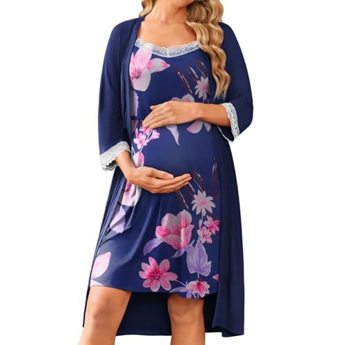 Ekouaer Women Lace Maternity Nursing Gown and 3/4 Sleeve Robe Set Double Layer Breastfeeding Nightgown Slip Dress & Bathrobe