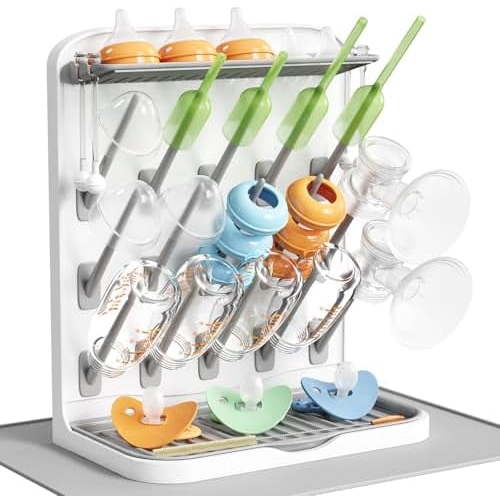 Large Baby Bottle Drying Rack with Drain Mat, 15 Hooks Vertical Rack Dryer with Removable Pacifiers Box, Drip Tray, Space Saving Countertop Holder Organizer for Weighted Straws, Pump Parts
