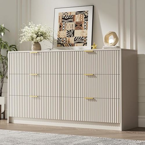 6 Drawer Dresser for Bedroom, 55" Wide Modern Chest of Drawers with Gold Metal Handles, Fluted Wood TV Stand for Living Room, Hallway(Beige)