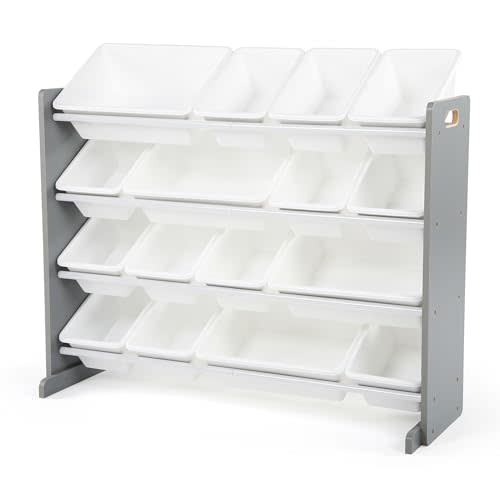 Humble Crew Toy Storage Organizer with 16 Removable Storage Bins for Kids Playroom, 4-Tier Toddler Toy Organization and Storage, Grey/White